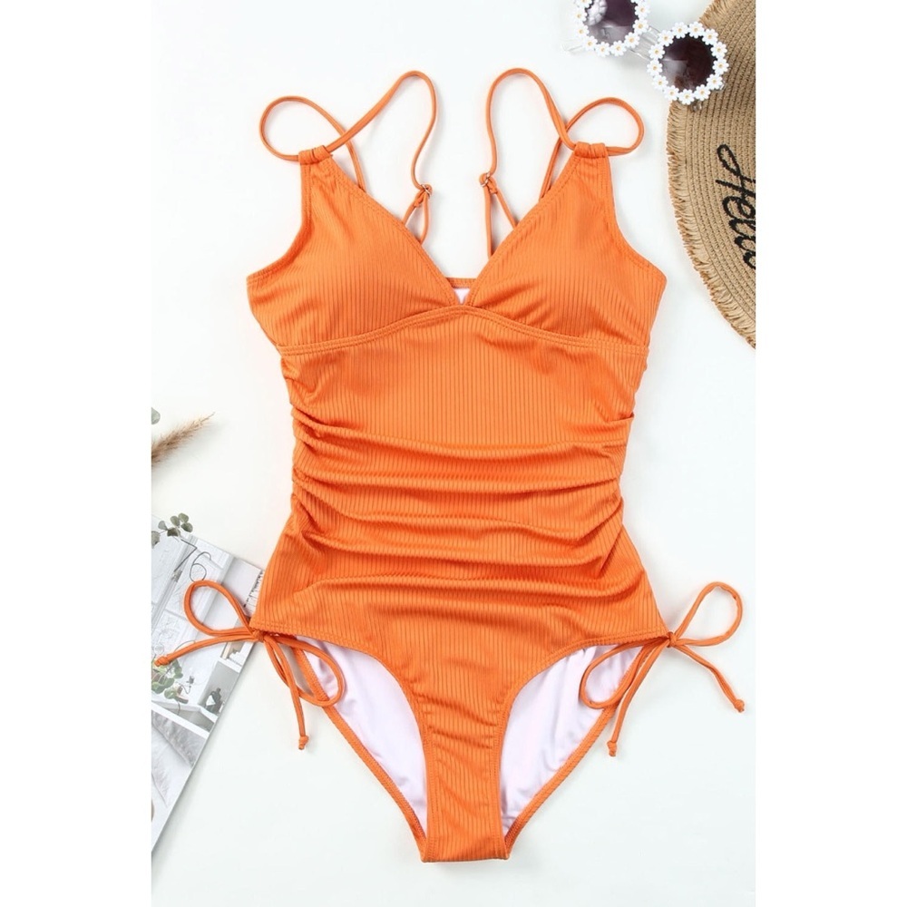 Orange Adjustable Straps Ribbed Knit One Piece Swimsuit - Picture 3 of 3